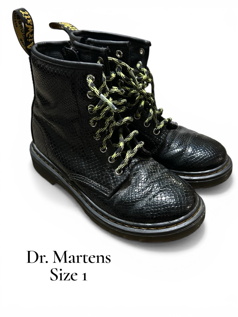 Dr. Martens Black Snakeskin-Textured Lace-Up Boots with Yellow Highlights